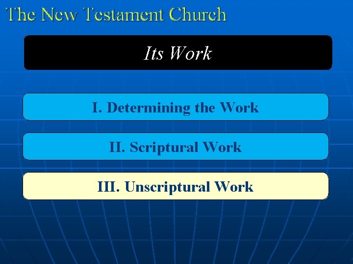 The New Testament Church Its Work I. Determining the Work II. Scriptural Work III.