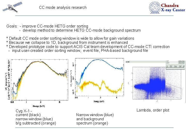 CC mode analysis research Goals: - improve CC-mode HETG order sorting - develop method