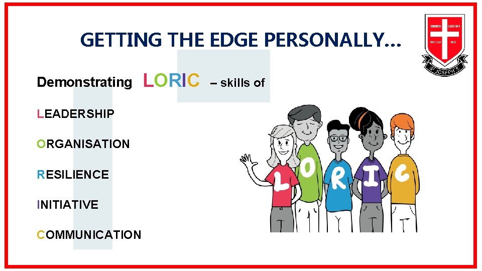 GETTING THE EDGE PERSONALLY… Demonstrating LEADERSHIP ORGANISATION RESILIENCE INITIATIVE COMMUNICATION LORIC – skills of