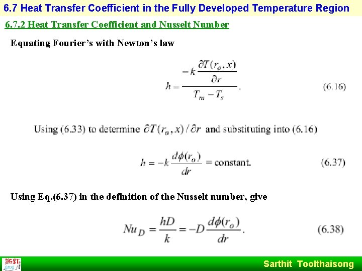 6. 7 Heat Transfer Coefficient in the Fully Developed Temperature Region 6. 7. 2
