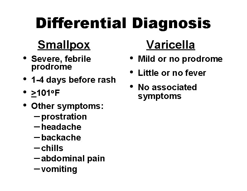 Differential Diagnosis Smallpox • • Severe, febrile prodrome 1 -4 days before rash >101