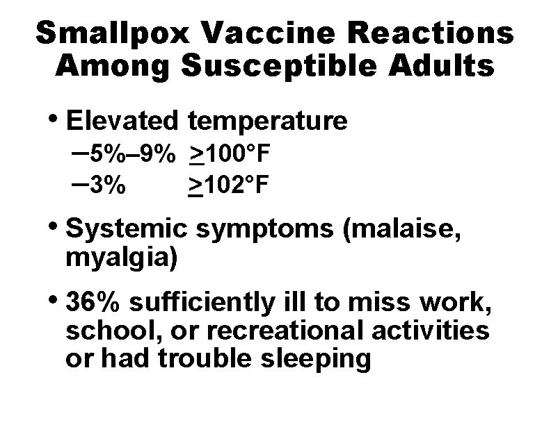 Smallpox Vaccine Reactions Among Susceptible Adults • Elevated temperature – 5%– 9% – 3%