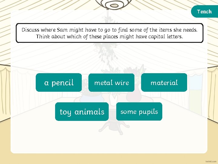 Teach Discuss where Sam might have to go to find some of the items