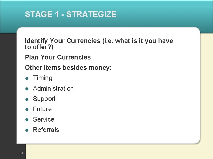 STAGE 1 - STRATEGIZE Identify Your Currencies (i. e. what is it you have