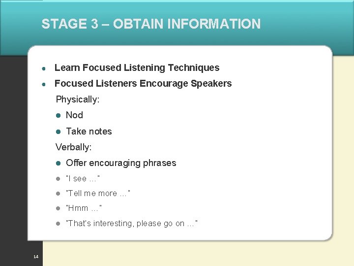 STAGE 3 – OBTAIN INFORMATION ● Learn Focused Listening Techniques ● Focused Listeners Encourage