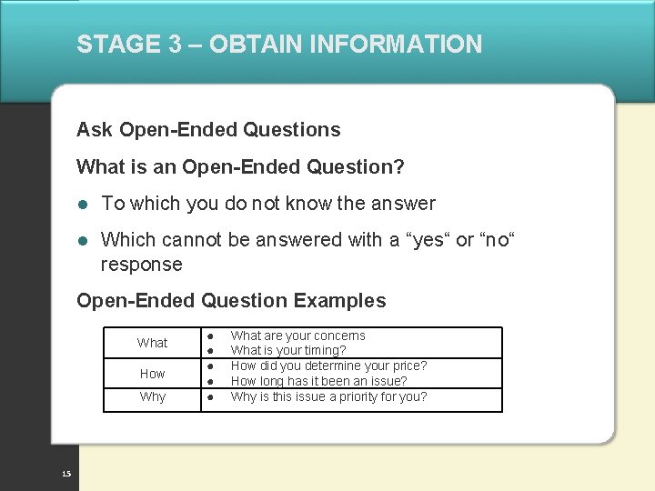 STAGE 3 – OBTAIN INFORMATION Ask Open-Ended Questions What is an Open-Ended Question? l