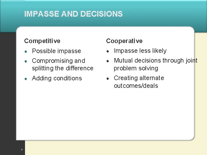 IMPASSE AND DECISIONS Competitive 7 Cooperative ● Possible impasse ● Impasse less likely ●