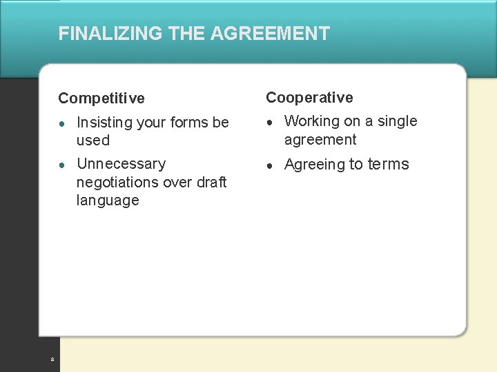 FINALIZING THE AGREEMENT Competitive 8 Cooperative ● Insisting your forms be used ● Working