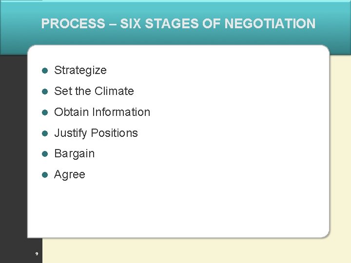 PROCESS – SIX STAGES OF NEGOTIATION 9 l Strategize l Set the Climate l