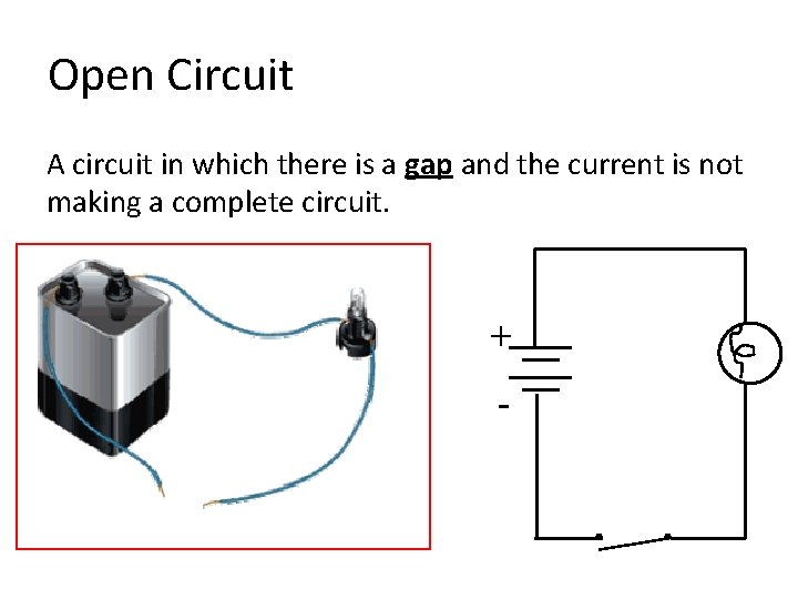 Open Circuit A circuit in which there is a gap and the current is