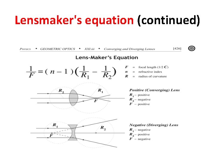 Lensmaker's equation (continued) 