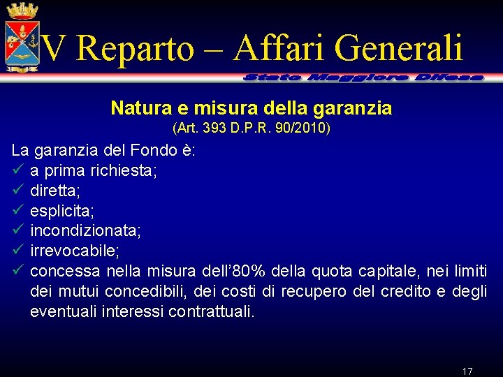 V Reparto – Affari Generali Natura e misura della garanzia (Art. 393 D. P.