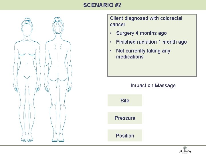 SCENARIO #2 Client diagnosed with colorectal cancer • Surgery 4 months ago • Finished