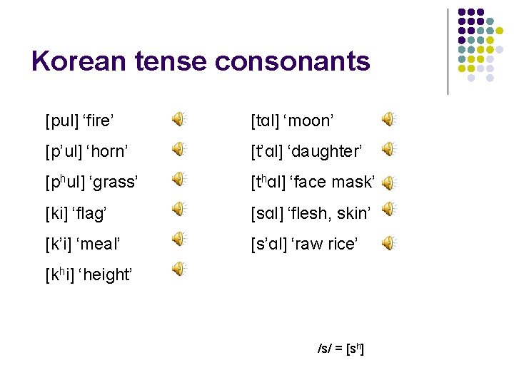 Korean tense consonants [pul] ‘fire’ [tɑl] ‘moon’ [p’ul] ‘horn’ [t’ɑl] ‘daughter’ [phul] ‘grass’ [thɑl]