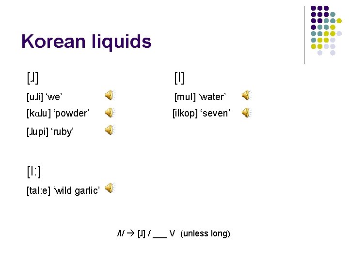 Korean liquids [ɺ] [l] [uɺi] ‘we’ [mul] ‘water’ [kɑɺu] ‘powder’ [ilkop] ‘seven’ [ɺupi] ‘ruby’