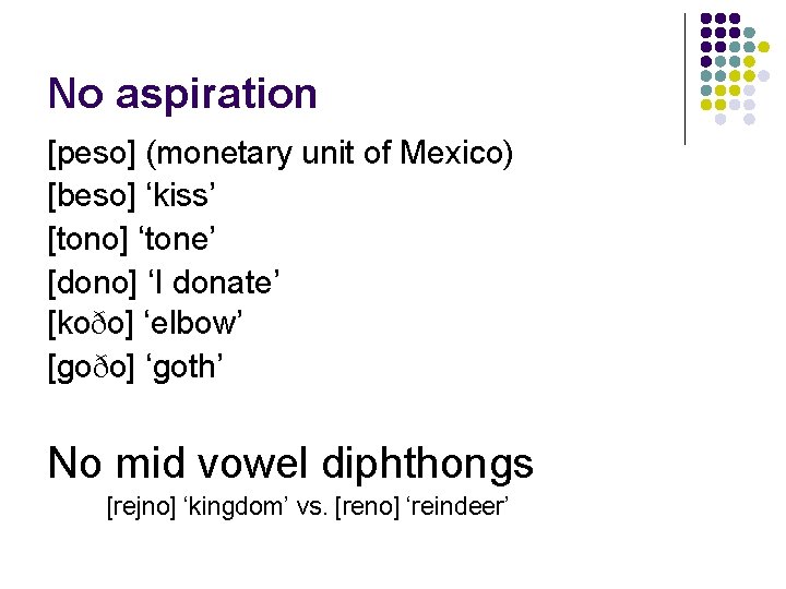 No aspiration [peso] (monetary unit of Mexico) [beso] ‘kiss’ [tono] ‘tone’ [dono] ‘I donate’