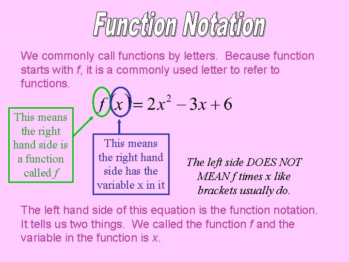 We commonly call functions by letters. Because function starts with f, it is a