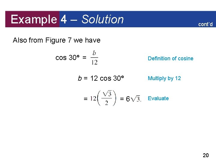 Example 4 – Solution cont’d Also from Figure 7 we have cos 30 =