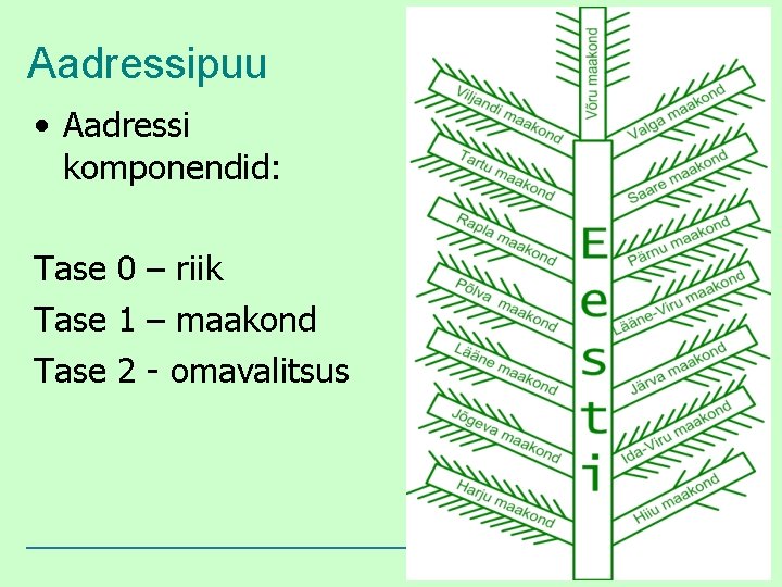 Aadressipuu • Aadressi komponendid: Tase 0 – riik Tase 1 – maakond Tase 2