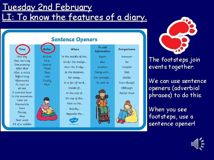 Tuesday 2 nd February LI: To know the features of a diary. The footsteps