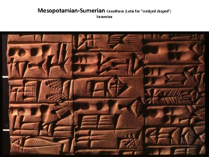 Mesopotamian-Sumerian Cuneiform (Latin for “wedged shaped”) Sumerian 