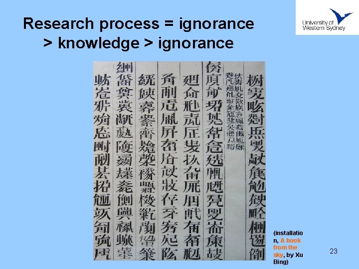 Research process = ignorance > knowledge > ignorance (installatio n, A book from the