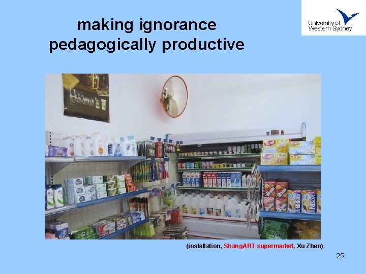 making ignorance pedagogically productive (installation, Shang. ART supermarket, Xu Zhen) 25 