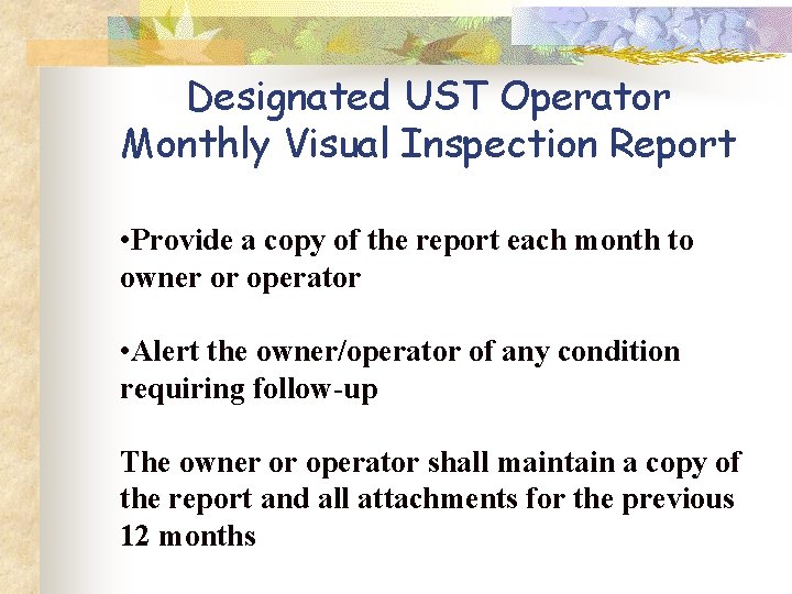 Designated UST Operator Monthly Visual Inspection Report • Provide a copy of the report