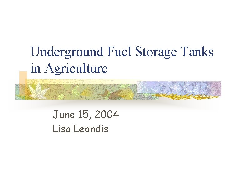 Underground Fuel Storage Tanks in Agriculture June 15, 2004 Lisa Leondis 