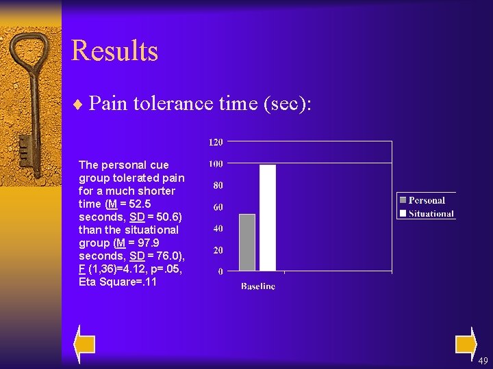 Results ¨ Pain tolerance time (sec): The personal cue group tolerated pain for a