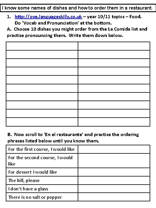 I know some names of dishes and how to order them in a restaurant.