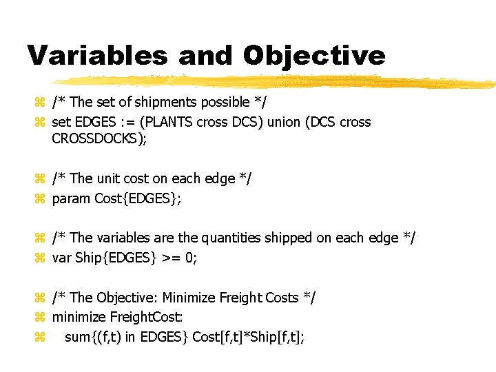 Variables and Objective z /* The set of shipments possible */ z set EDGES