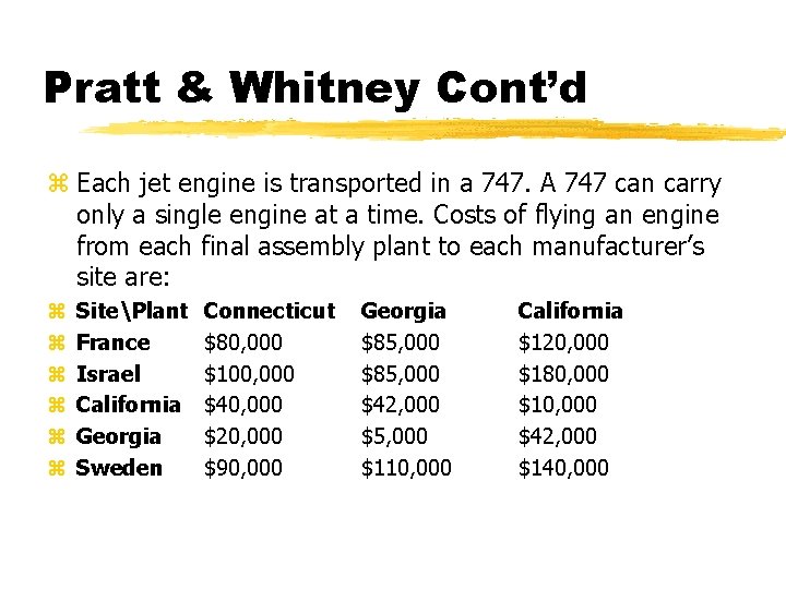 Pratt & Whitney Cont’d z Each jet engine is transported in a 747. A