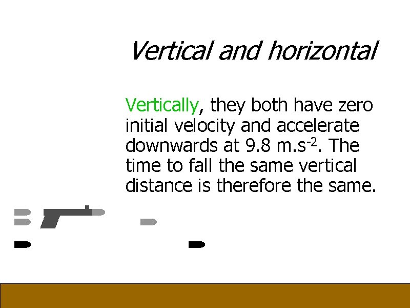 Vertical and horizontal Vertically, they both have zero initial velocity and accelerate downwards at