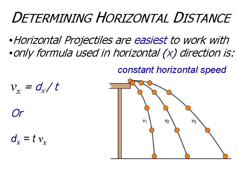 DETERMINING HORIZONTAL DISTANCE • Horizontal Projectiles are easiest to work with • only formula