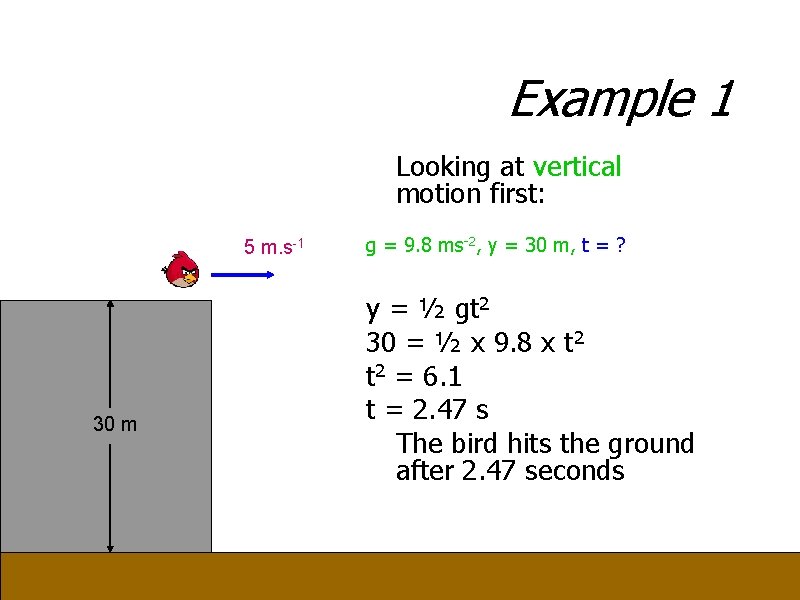 Example 1 Looking at vertical motion first: 5 m. s-1 30 m g =