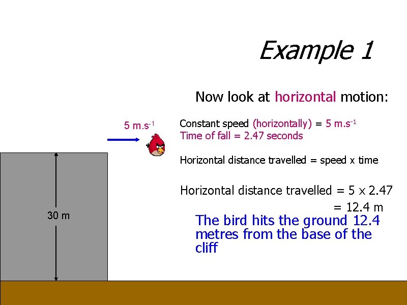 Example 1 Now look at horizontal motion: 5 m. s-1 Constant speed (horizontally) =