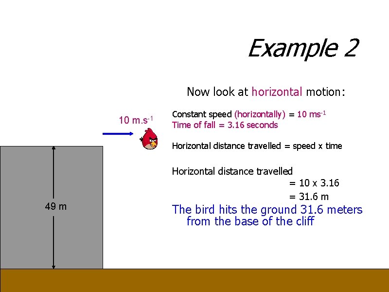 Example 2 Now look at horizontal motion: 10 m. s-1 Constant speed (horizontally) =