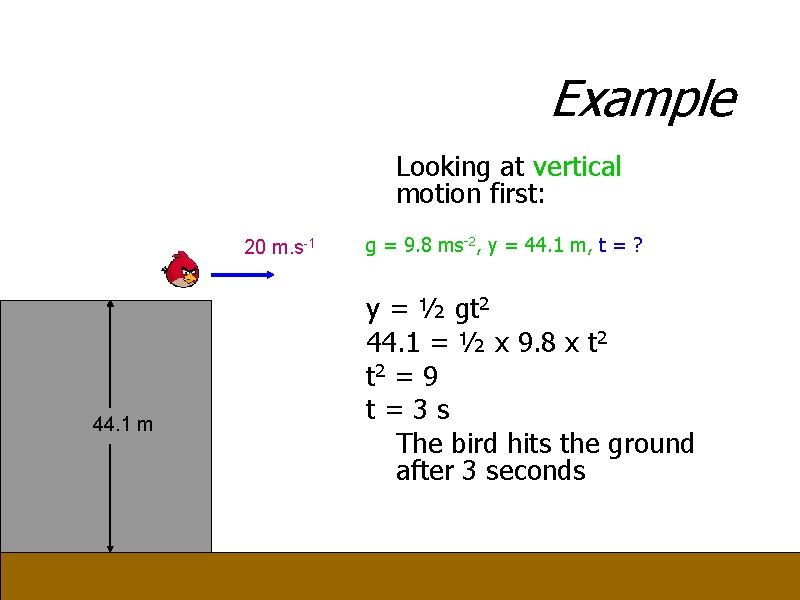 Example Looking at vertical motion first: 20 m. s-1 44. 1 m g =