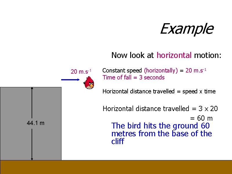 Example Now look at horizontal motion: 20 m. s-1 Constant speed (horizontally) = 20