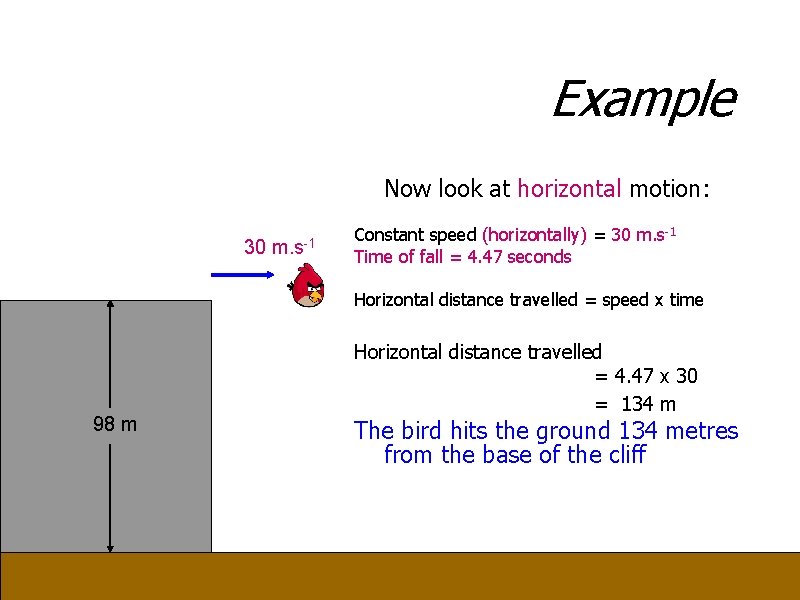 Example Now look at horizontal motion: 30 m. s-1 Constant speed (horizontally) = 30