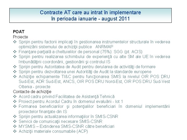 Contracte AT care au intrat în implementare în perioada ianuarie - august 2011 POAT