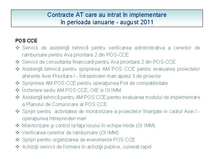 Contracte AT care au intrat în implementare în perioada ianuarie - august 2011 POS