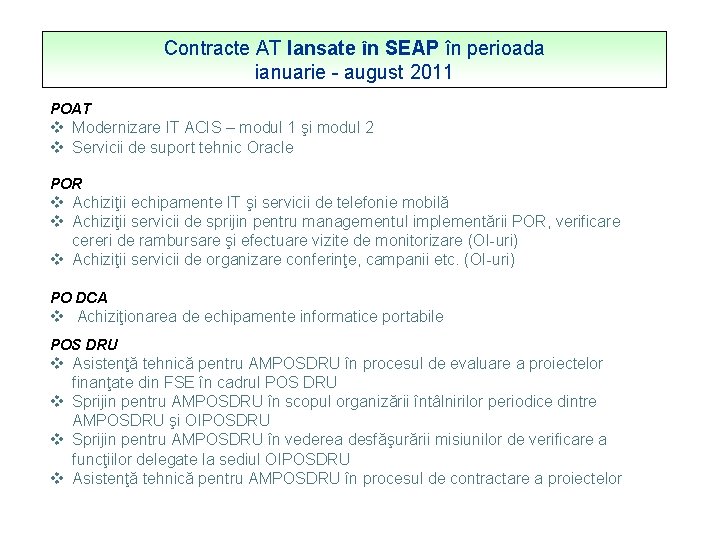 Contracte AT lansate în SEAP în perioada ianuarie - august 2011 POAT v Modernizare