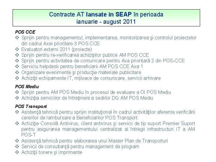 Contracte AT lansate în SEAP în perioada ianuarie - august 2011 POS CCE v
