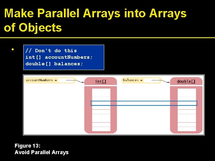 Make Parallel Arrays into Arrays of Objects • // Don't do this int[] account.