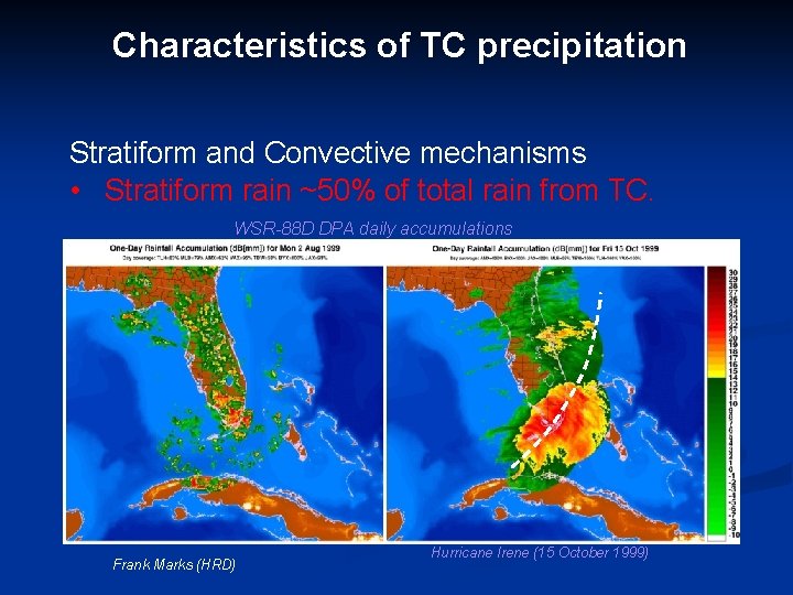 Characteristics of TC precipitation Stratiform and Convective mechanisms • Stratiform rain ~50% of total