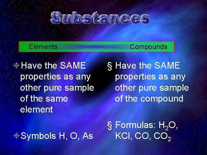 Elements ±Have the SAME properties as any other pure sample of the same element