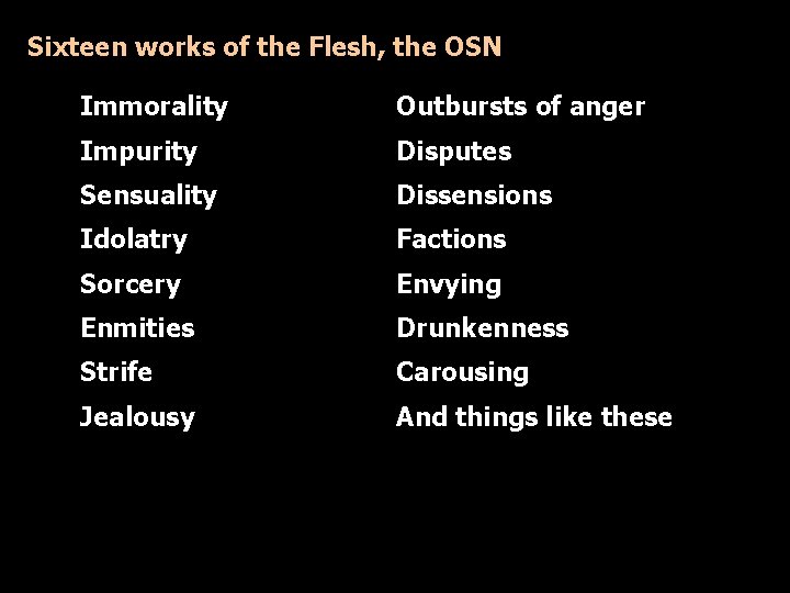 Sixteen works of the Flesh, the OSN Immorality Outbursts of anger Impurity Disputes Sensuality