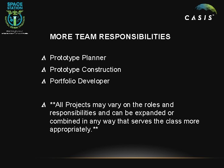 MORE TEAM RESPONSIBILITIES Prototype Planner Prototype Construction Portfolio Developer **All Projects may vary on